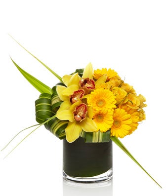 A sunny arrangement of yellow roses, orchids, and daisies with exotic greens in a chic glass vase.