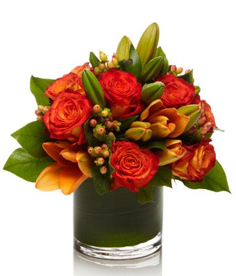 Luxury Arrangement of Orange and Red Roses, Tulips, and Berries  - H.Bloom