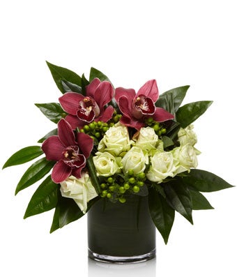 Luxe Arrangement of/Burgundy Cymbidium Orchids and White Roses - H.Bloom