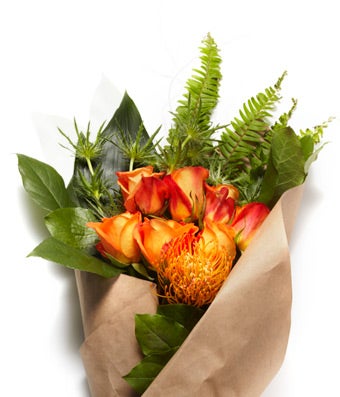 Modern Orange Rose Bundle with Exotic Greens  - H.Bloom