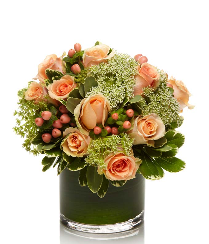 A Luxury Arrangement of Peach Roses, Pink Hypericum Berries and Queen Anne's Lace 