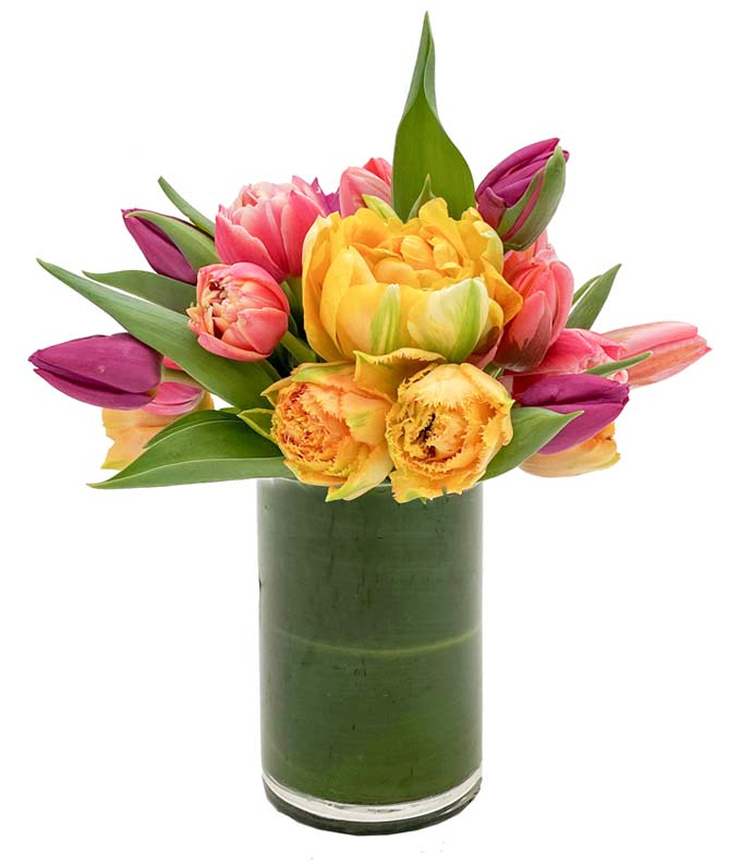 A signature springtime arrangement featuring all bright colorful tulips