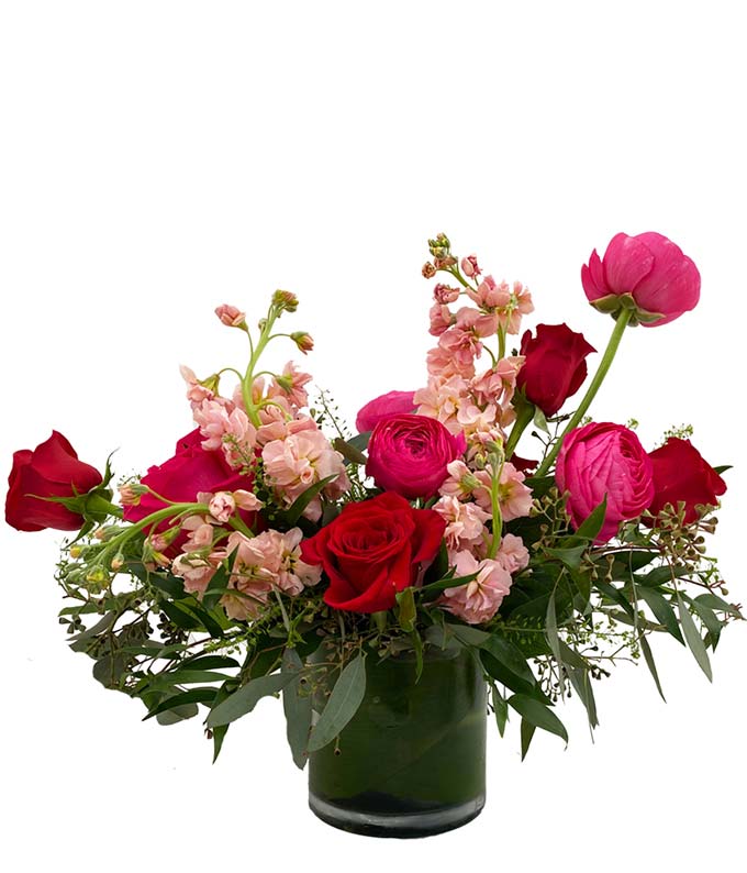 Arrangement features bright red roses and hot pink roses or ranunculus paired with soft stock beautifully designed within a low glass cylinder vase. 