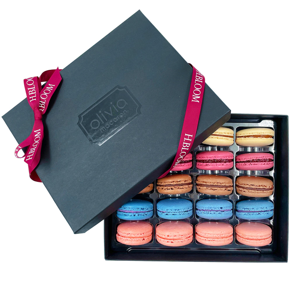 An Olivia Macaron box of 20 pre-assorted Mother's day flavored macarons. 