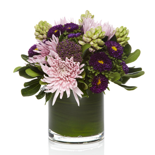 Lavender Mums and Purple Seasonal Blooms with soft greens- H.Bloom