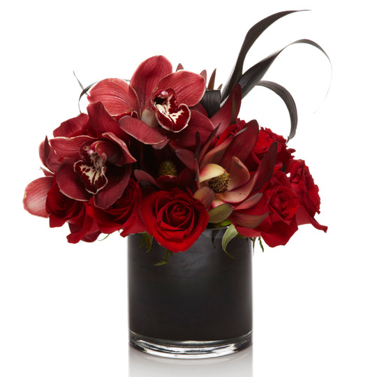 A Luxury Arrangement of Burgundy Cymbidium Orchids and Red Roses  - H.Bloom