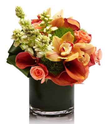 All Orange Luxury Arrangement with Calla Lillies, Roses and Orchids- H.Bloom