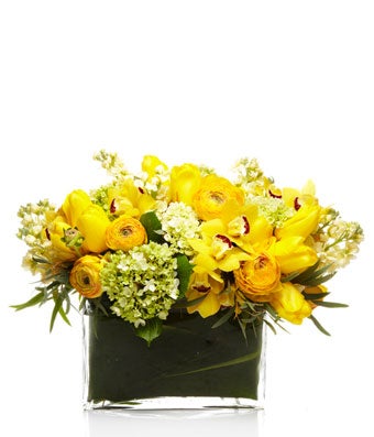 A luxe mix of green hydrangea, golden orchids, and bright yellow premium blooms with eucalyptus arranged in an envelope vase.