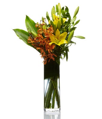 A Modern Arrangement of Orange Orchids and Yellow Lillies - H.Bloom