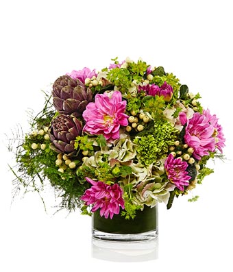 A Garden Style arrangement of Magenta Dahlia, Peony and Roses- H.Bloom