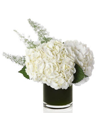 A classic arrangement of all-white hydrangea and a touch of soft greens arranged in a glass vase.