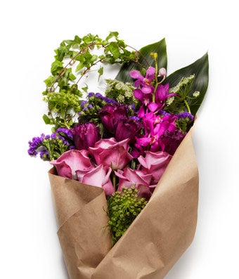 A Modern Bundle of Purple and White Seasonal Flowers with Pink Roses - H.Bloom