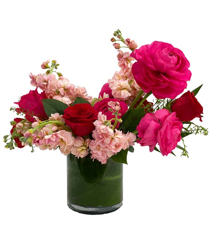 Bright red roses and hot pink roses or ranunculus paired with soft stock beautifully designed within a low glass cylinder vase