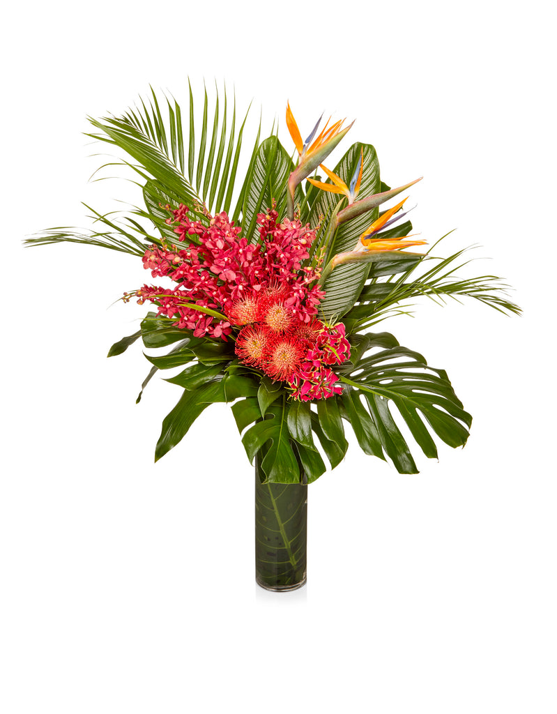 An arrangement of tropical varietals in vibrant reds and oranges designed in a chic glass hurricane vase