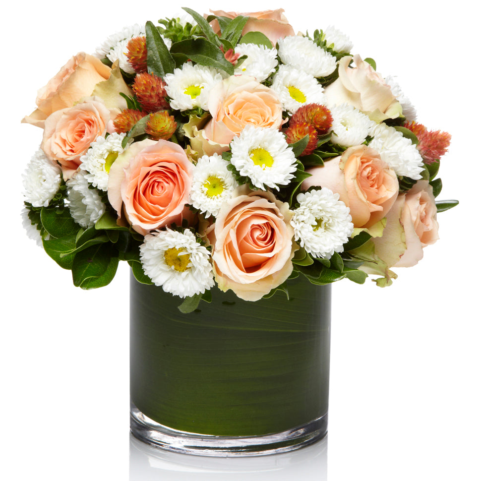 A Fresh Arrangement of White Aster/Mums and Peach Roses - H.Bloom