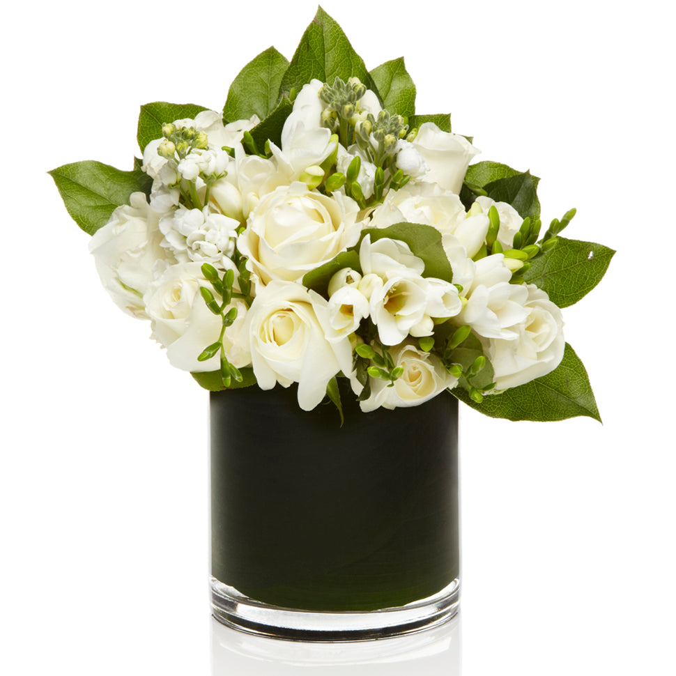 An Elegant Mix of White Stock, Roses and Freesia- H.Bloom
