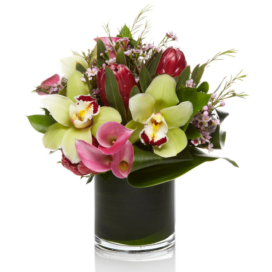 Chic Pink Calla Lillies and Lime Green Orchid Floral Arrangement - H.Bloom