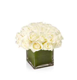 A timeless arrangement of premium Tibet white roses designed artfully in a square glass vase.